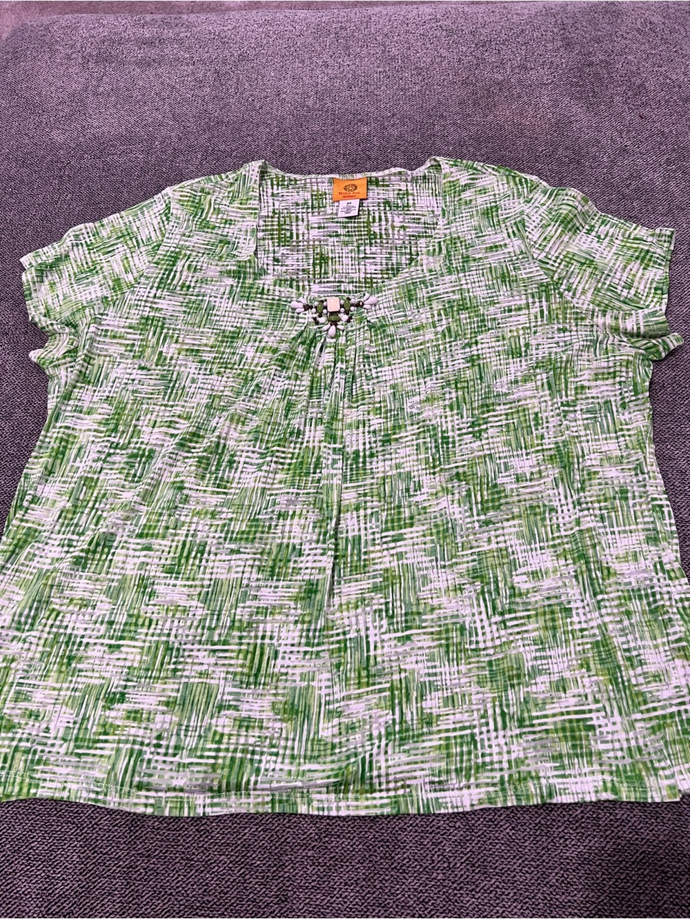 Ruby Rd. Green & White Patterned Short-Sleeve Top